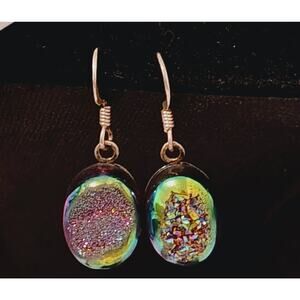 Estate Sterling Silver 925 Blue Green Purple Druzy Peacock Gemstone Earrings